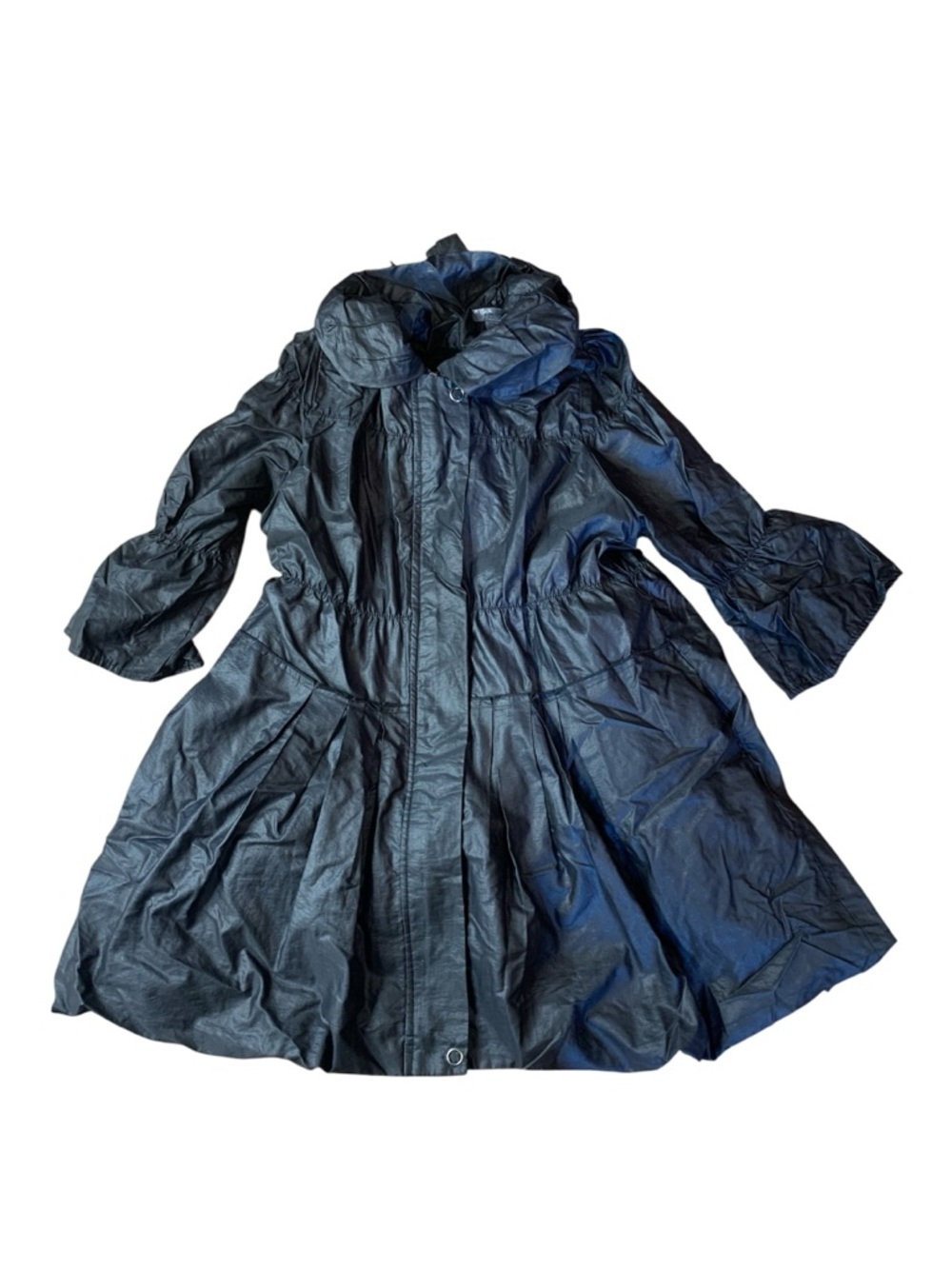 Poetry Clothing Black Taffeta Pleated Swing Jacket Coat Puff Collar - L